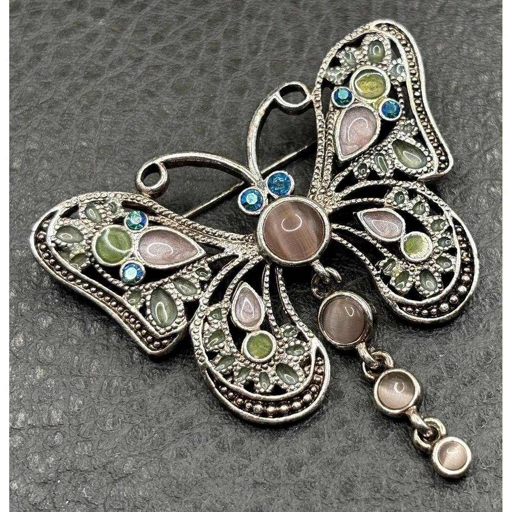 VTG Butterfly Brooch Pin Faux Cat's Eye Glass Stone Enamel Dangle Silver Tone